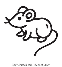 Ícone de linha preta de um mouse ou rato. Símbolo de contorno mínimo que representa os conceitos de roedor, animal, controle de pragas, animal de laboratório e vida selvagem. Isolado no fundo branco.