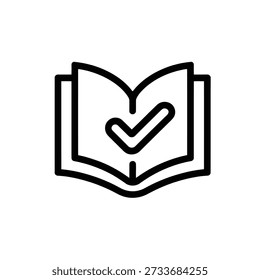 Icono de línea negra de un libro abierto con una marca de verificación en el interior
