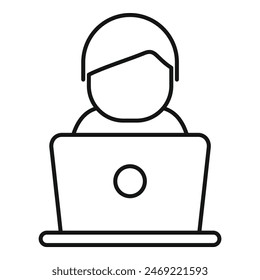 Black line icon of a person with a laptop, depicting remote work or online education