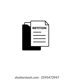 A black line icon of a petition document with text and a folder behind it. Represents legal, official, or public requests.