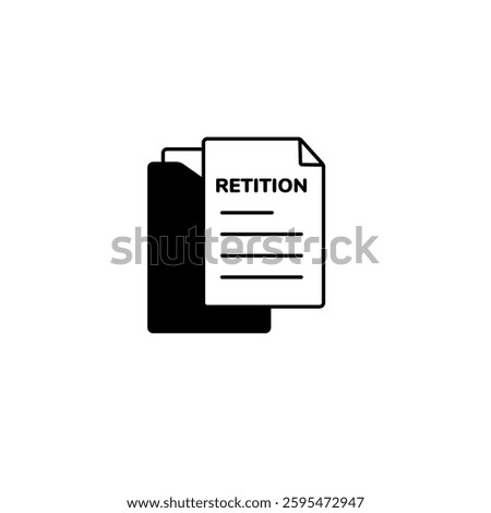 A black line icon of a petition document with text and a folder behind it. Represents legal, official, or public requests.