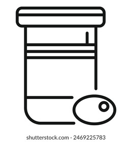 Black line icon of a pill bottle with a loose cap, depicting pharmaceutical packaging