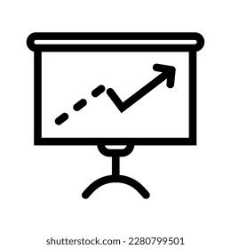 Black line icon of projector isolated whith up outline icon on white background. Graph, chart and bar growth icons with increase arrow. Vector line charts and bar graphs with growing data graphics. Bu