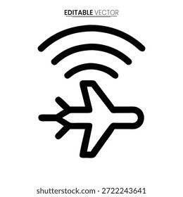 Black line icon representing an airplane with a wireless signal, symbolizing flight connectivity.