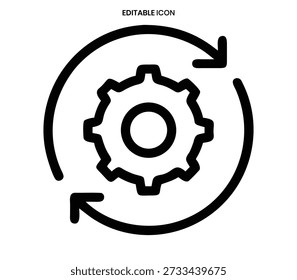 A black line icon representing a gear within a circular arrow, symbolizing process and automation.