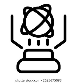 Black line icon representing science education, featuring an atom above an open book