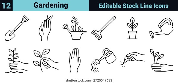 Black line icon set depicting gardening tools, plant care, sustainability, and growth in a minimal instructional style