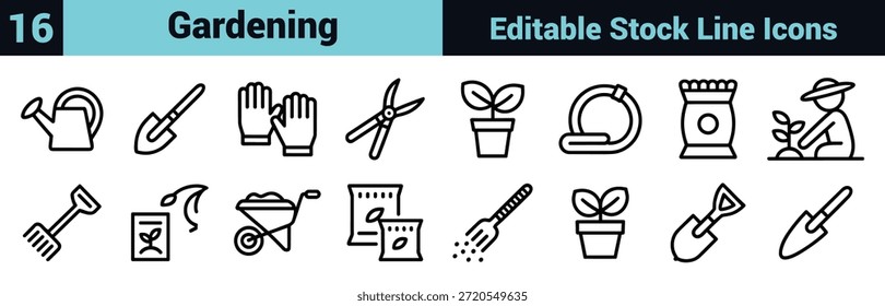 Black line icon set depicting gardening tools, plant care, sustainability, and growth in a minimal instructional style
