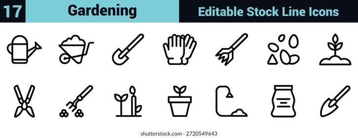 Black line icon set depicting gardening tools, plant care, sustainability, and growth in a minimal instructional style