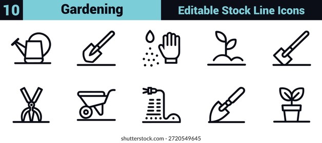 Black line icon set depicting gardening tools, plant care, sustainability, and growth in a minimal instructional style