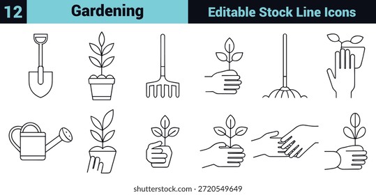 Black line icon set depicting gardening tools, plant care, sustainability, and growth in a minimal instructional style