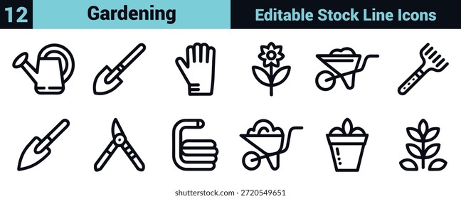 Black line icon set depicting gardening tools, plant care, sustainability, and growth in a minimal instructional style