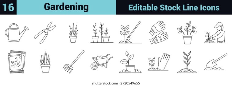Black line icon set depicting gardening tools, plant care, sustainability, and growth in a minimal instructional style