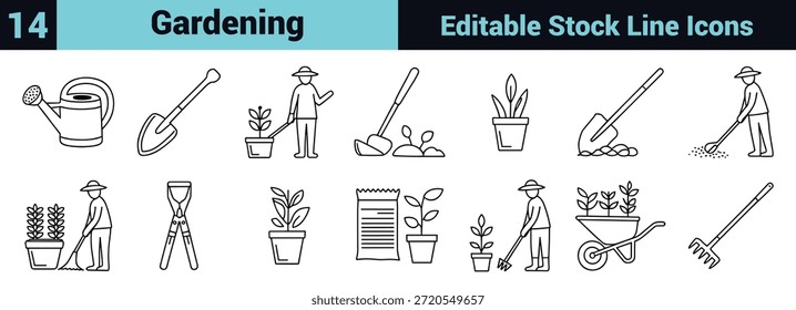 Black line icon set depicting gardening tools, plant care, sustainability, and growth in a minimal instructional style