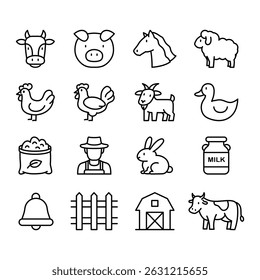 Black line icon set of farm animals, farmer, and barn. Perfect for agriculture-themed designs, farm illustrations, eco-friendly concepts, rural life visuals, and farming-related infographics.