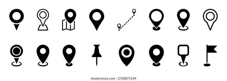 Schwarze Linie mit Standort- und Navigationssymbolen. Ideal für Karten, Reise-Apps, GPS und Benutzeroberflächendesign