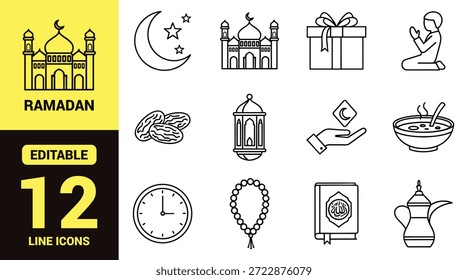 Black line icon set for Ramadan and Islamic culture featuring mosque, crescent moon, prayer, food, charity, and celebration