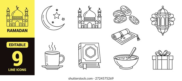 Black line icon set for Ramadan and Islamic culture featuring mosque, crescent moon, prayer, food, charity, and celebration