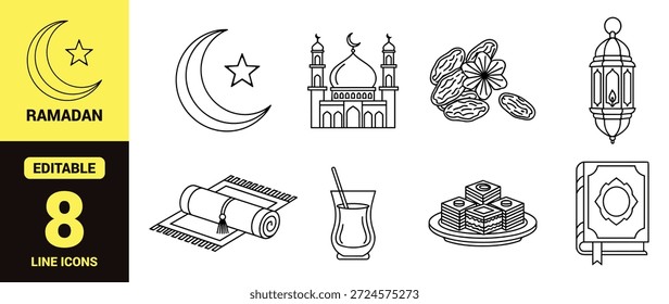 Conjunto de iconos de línea negra para el Ramadán y la cultura islámica con mezquita, luna creciente, oración, comida, caridad y celebración