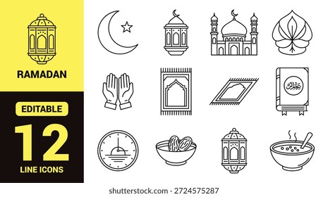 Ícone de linha preta definido para o Ramadã e a cultura islâmica com mesquita, lua crescente, oração, comida, caridade e celebração