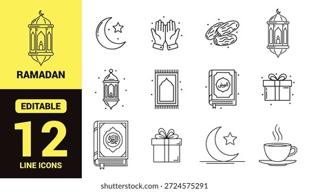 Black line icon set for Ramadan and Islamic culture featuring mosque, crescent moon, prayer, food, charity, and celebration