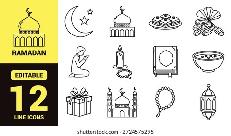 Black line icon set for Ramadan and Islamic culture featuring mosque, crescent moon, prayer, food, charity, and celebration