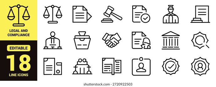 Black line icon set representing legal concepts, justice system, law documents, courthouse, and judicial tools