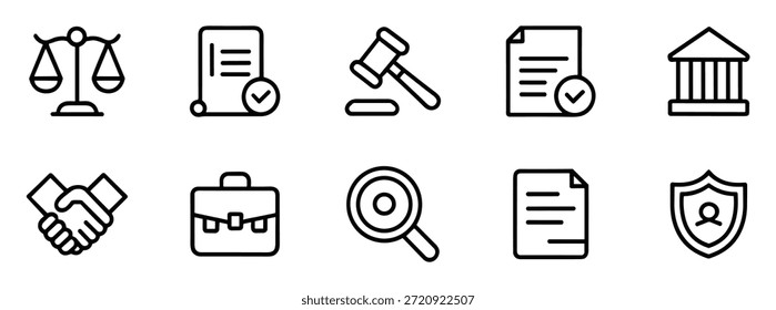 Black line icon set representing legal concepts, justice system, law documents, courthouse, and judicial tools