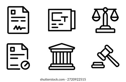 Conjunto de iconos de línea negra que representan conceptos legales, sistema de justicia, documentos legales, juzgados y herramientas judiciales