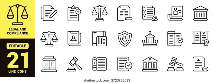 Conjunto de iconos de línea negra que representan conceptos legales, sistema de justicia, documentos legales, juzgados y herramientas judiciales