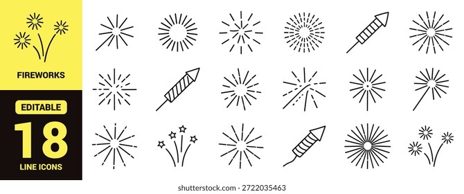 Conjunto de iconos de línea negra que representa fuegos artificiales, bengalas, cohetes, velas, Elementos de celebración y decoraciones festivas