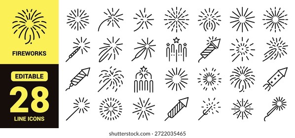 Schwarze Linie Symbol-Set, das Feuerwerk, Funkler, Raketen, Kerzen, Feier Elemente und festliche Dekoration darstellt