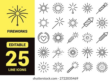 Conjunto de iconos de línea negra que representa fuegos artificiales, bengalas, cohetes, velas, Elementos de celebración y decoraciones festivas