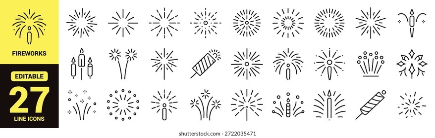 Conjunto de iconos de línea negra que representa fuegos artificiales, bengalas, cohetes, velas, Elementos de celebración y decoraciones festivas