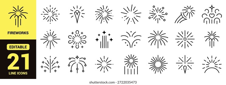 Conjunto de iconos de línea negra que representa fuegos artificiales, bengalas, cohetes, velas, Elementos de celebración y decoraciones festivas