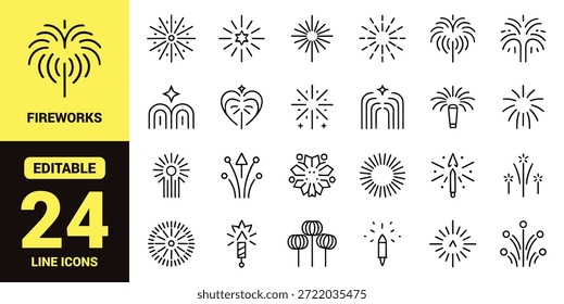 Conjunto de iconos de línea negra que representa fuegos artificiales, bengalas, cohetes, velas, Elementos de celebración y decoraciones festivas