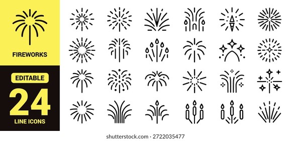 Conjunto de iconos de línea negra que representa fuegos artificiales, bengalas, cohetes, velas, Elementos de celebración y decoraciones festivas