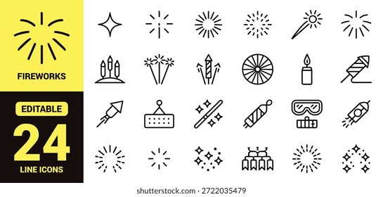 Conjunto de iconos de línea negra que representa fuegos artificiales, bengalas, cohetes, velas, Elementos de celebración y decoraciones festivas