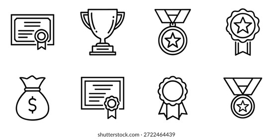 Black line icon set representing awards, achievements, trophies, medals, certificates, and recognition symbols