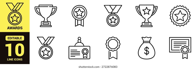 Conjunto de ícones de linha preta representando prêmios, conquistas, troféus, medalhas, certificados e símbolos de reconhecimento