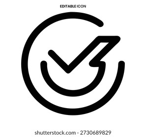 A black line icon showing a checkmark within a circular, rotating arrow.