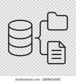 Black line icon showing a database connected to a folder and document for organized digital information storage.