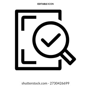 Icono de una línea negra que muestra un documento que se está inspeccionando con una lupa y una marca de verificación.