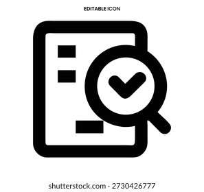 Icono de una línea negra que muestra un documento que se está inspeccionando con una lupa y se comprueba.