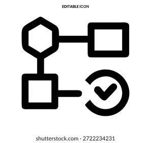Icono de línea negra que muestra Formas interconectadas con una marca de verificación, que representa la validación del proceso.
