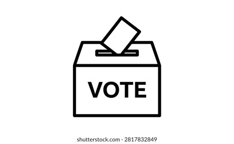 Black line icon showing a paper ballot being inserted into a vote box representing democratic elections, political rights, and citizen voice.