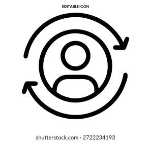 O ícone de linha preta mostra um perfil de usuário girando dentro de setas circulares, simbolizando o ciclo do usuário.