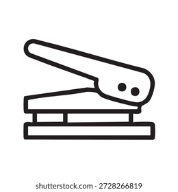 Ícone de linha preta de um grampeador. Símbolo de estrutura de tópicos simples que representa suprimentos de escritório, encadernação de documentos, papelada e ferramentas de papelaria. Isolado no fundo branco.