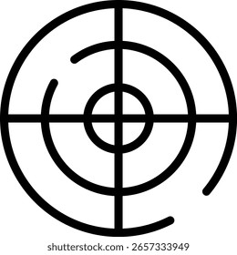 Icono de línea negra de un objetivo con círculos concéntricos y puntos de mira, que simboliza la precisión y el enfoque. Perfecto para diseñar proyectos relacionados con la estrategia, los objetivos o la orientación de objetivos específicos.