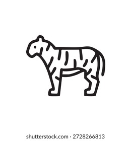 Black line icon of a tiger standing. Minimal outline symbol representing tiger, wildlife, strength, predator animal, nature, and conservation concepts. Isolated on white background.